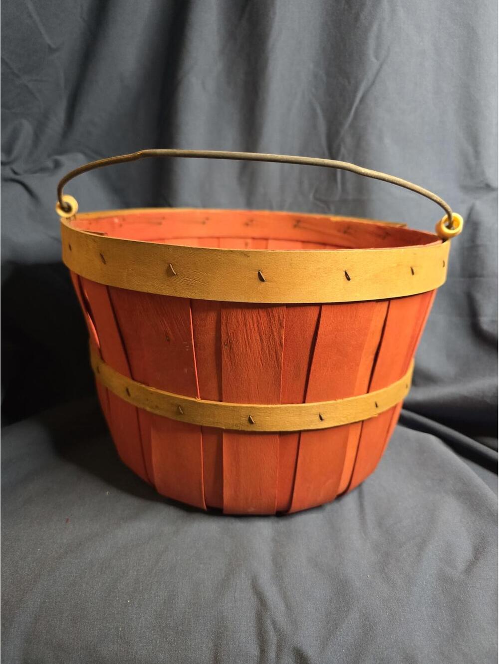 Gathering Farm Basket Swing Wire Handle Red Wood Slat Hand Made Original Paint